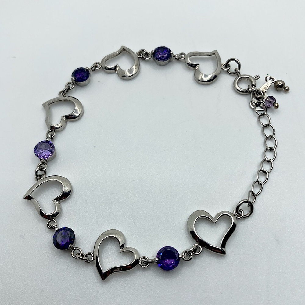 𝅺vtg Sterling Silver Heart Link & Purple Crystal Bracelet 8.5” Adjustable